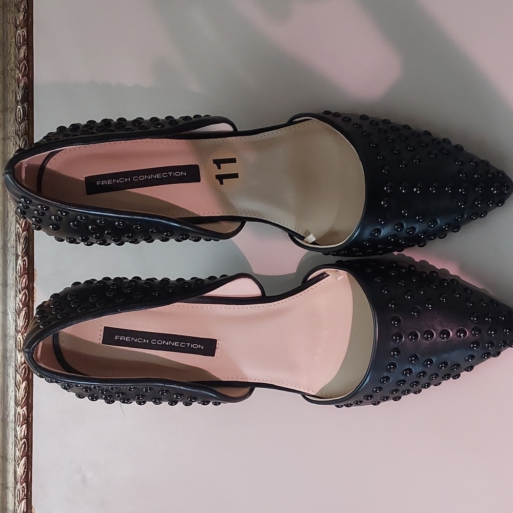 French Connection Black Studded Vegan Leather Heels Pumps Size 11